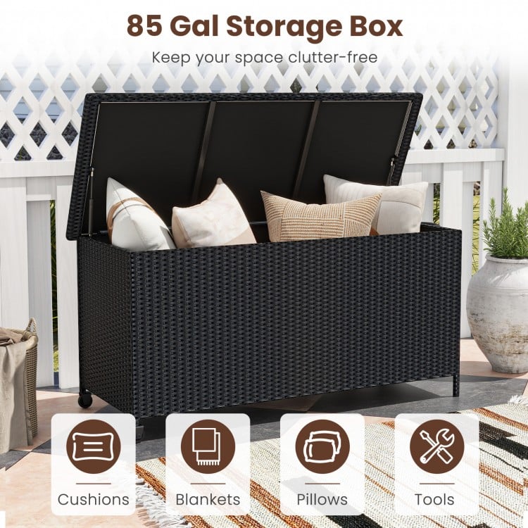 85-gallon black storage box with waterproof liner, ideal for cushions and tools, featuring universal wheels for easy.
