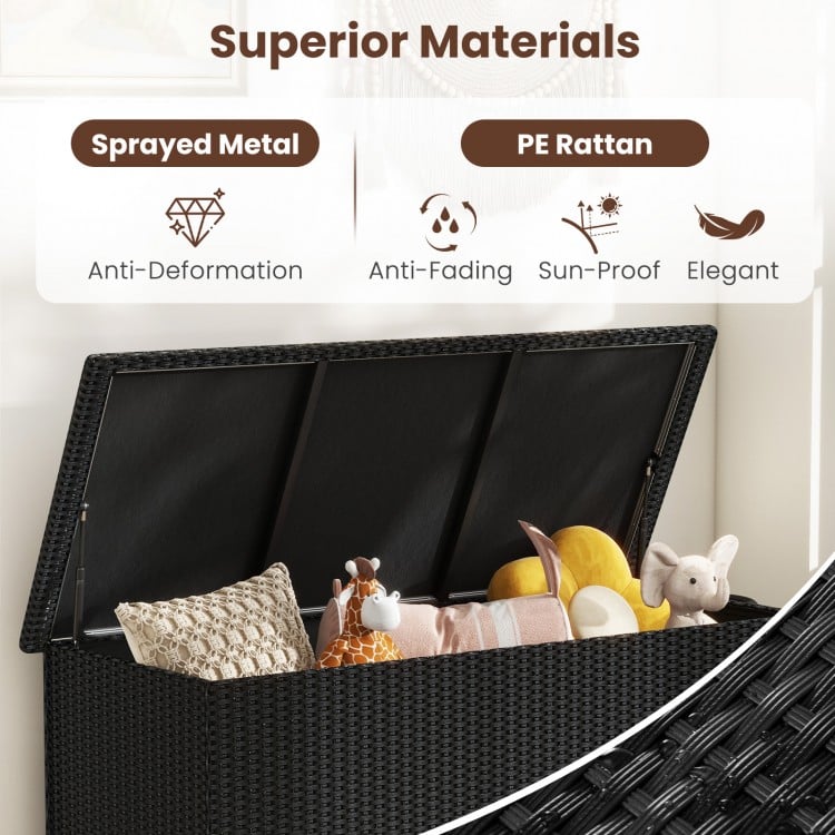 Black 85-gallon storage container made of PE rattan and sprayed metal, ideal for outdoor use with waterproof liner.