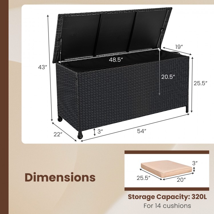 Black 85-gallon storage container with waterproof liner, universal wheels, ideal for outdoor cushion storage.
