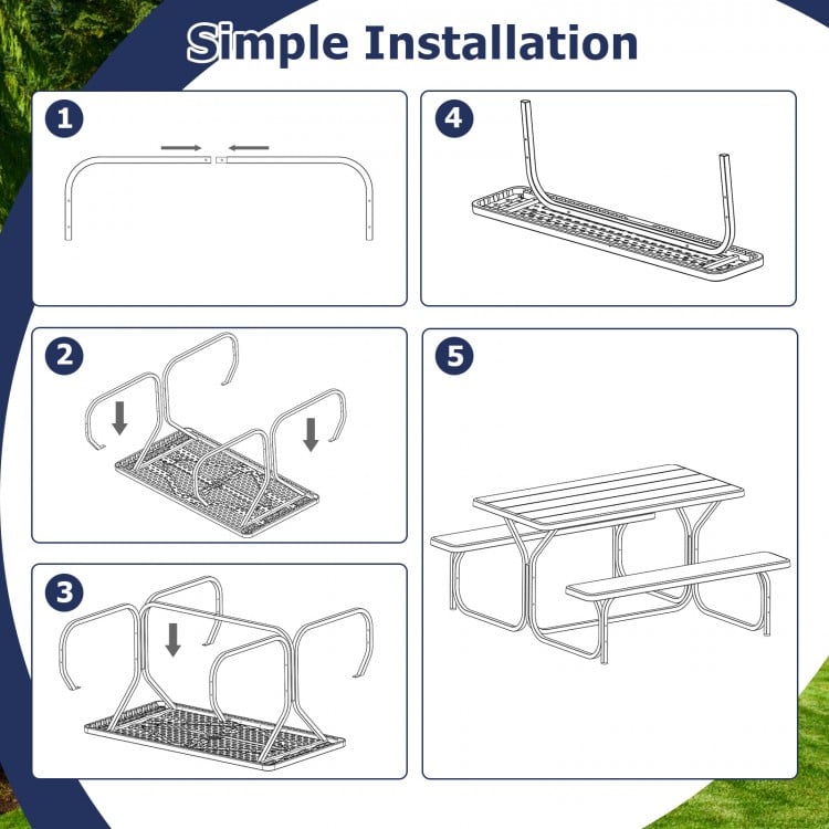 Picnic table bench set in green, featuring HDPE material and metal frame, designed for easy outdoor assembly.