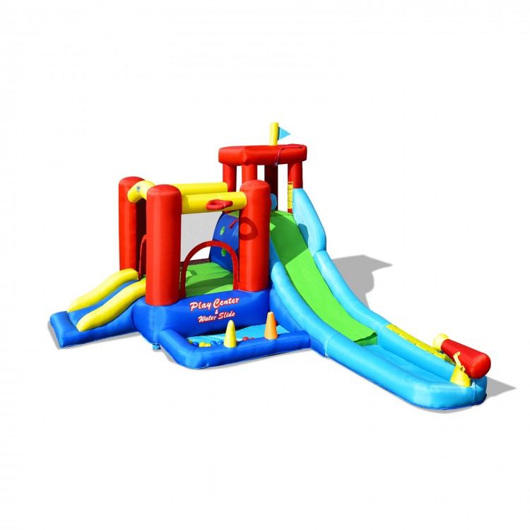 9-in-1 inflatable kids water slide bounce house featuring a vibrant design with climbing wall and ring toss for active.
