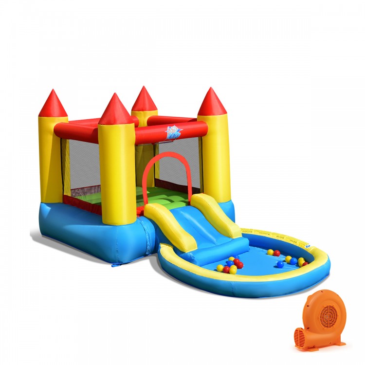 Colorful inflatable kids slide bounce house with water feature, includes 550w blower and plastic ball set for outdoor.