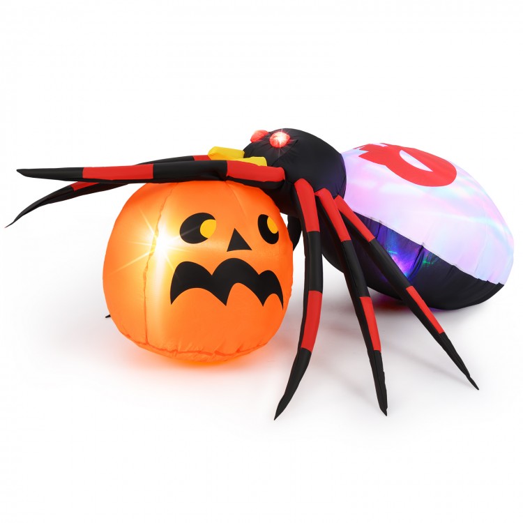 Inflatable spider with pumpkin, featuring LED lights and colorful rotating light, perfect for Halloween backyard.
