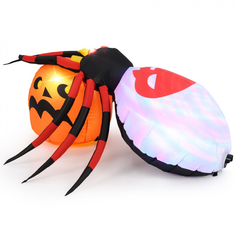 Inflatable spider with pumpkin, featuring colorful rotating lights, perfect for Halloween backyard decoration.