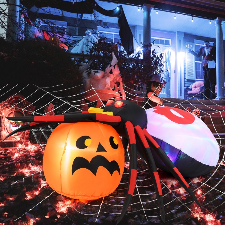 Inflatable spider and pumpkin decoration with colorful rotating light, perfect for Halloween backyard and porch.
