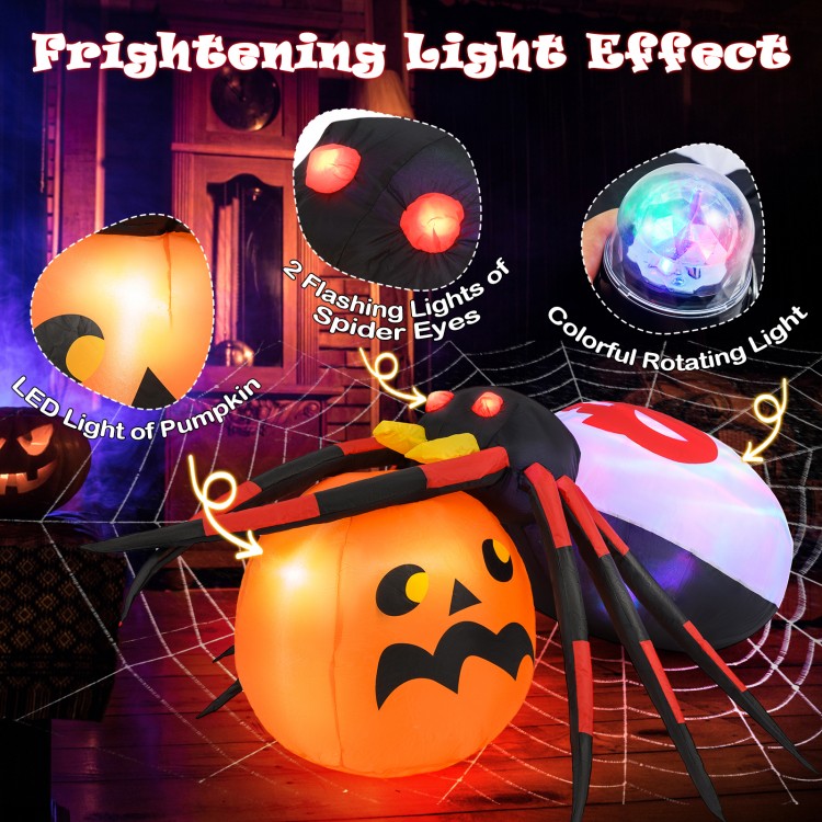 Inflatable spider on a pumpkin with LED and colorful rotating lights, perfect for Halloween backyard decoration.