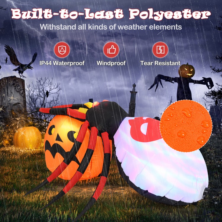 Inflatable spider on pumpkin with colorful rotating light, made of IP44 polyester, perfect for backyard Halloween decor.