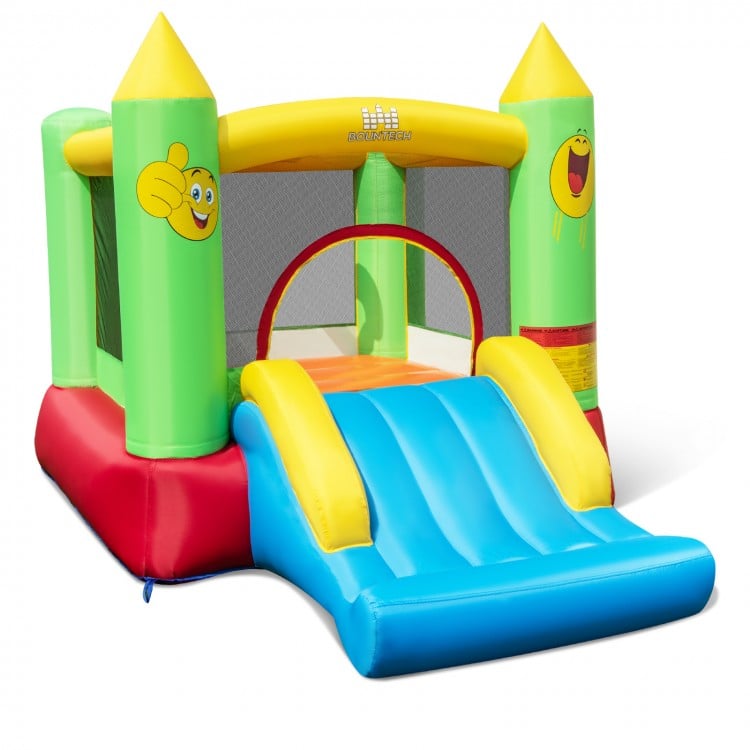 Brightly colored inflatable bounce house with slide and mesh walls, designed for secure and fun outdoor play for kids.