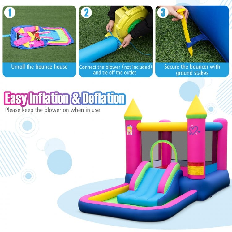 Princess-themed inflatable bounce house with slide, basketball hoop, and ball pit for kids' outdoor fun and safety.