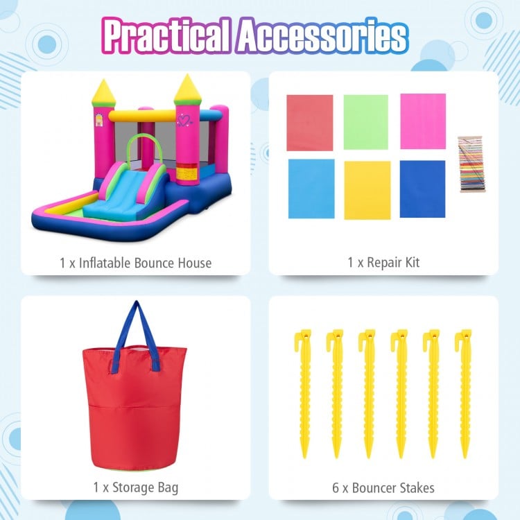 Inflatable bounce house with slide, basketball hoop, and ball pit, made of waterproof 420D oxford cloth for kids' fun.