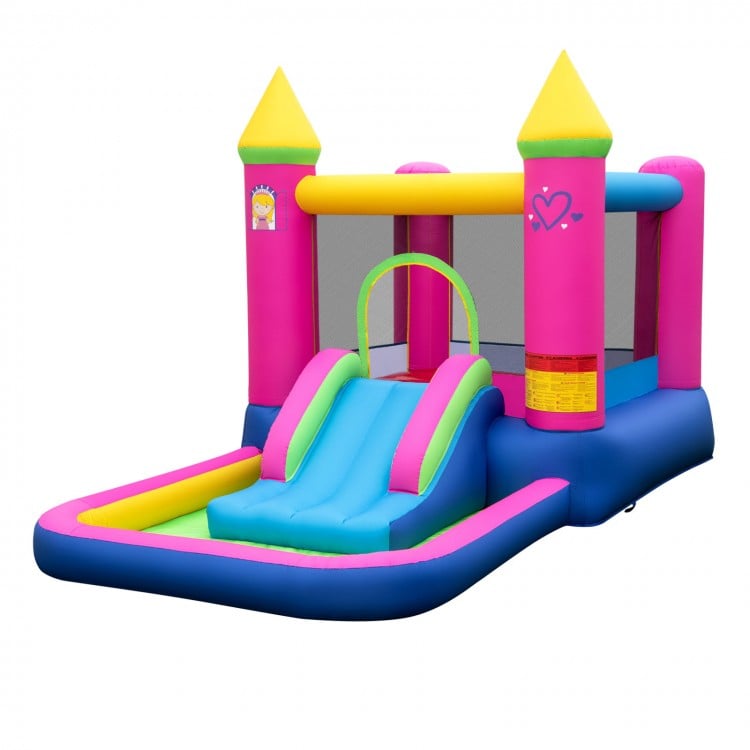 Colorful inflatable bounce house featuring a wide slide and accessible crawl-thru door for kids' active play and.