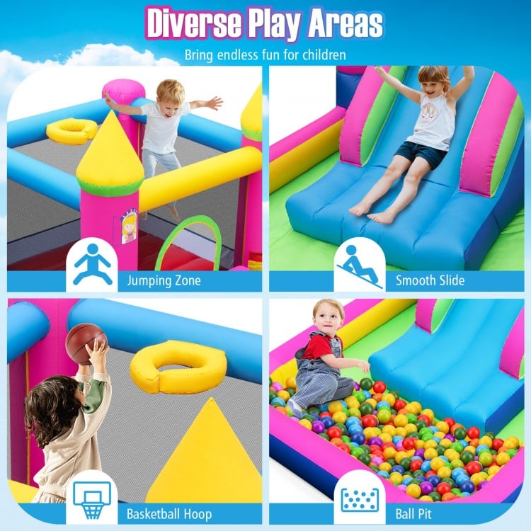 Princess-themed inflatable bounce house featuring a jumping zone, slide, basketball hoop, and ball pit for kids' fun.