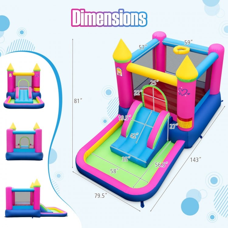 Princess-themed inflatable bounce house with slide, basketball hoop, and ball pit for kids' outdoor fun and.