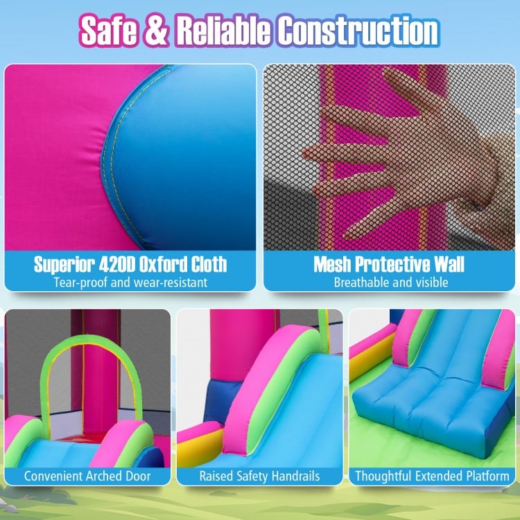 Princess-themed inflatable bounce house with 420D oxford cloth, mesh walls, and convenient crawl-thru door for kids'.