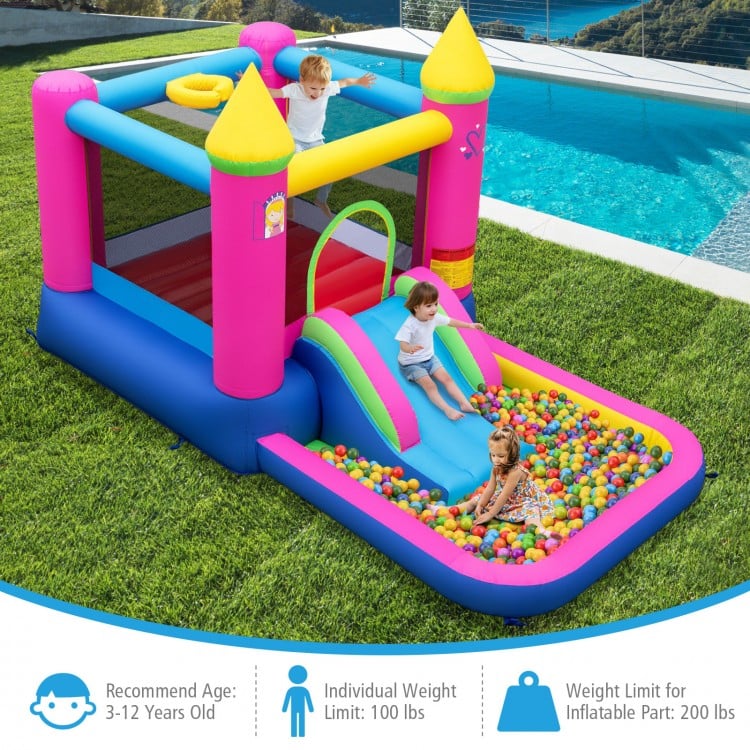Princess-themed inflatable bounce house with slide, ball pit, and basketball hoop for kids' outdoor fun.