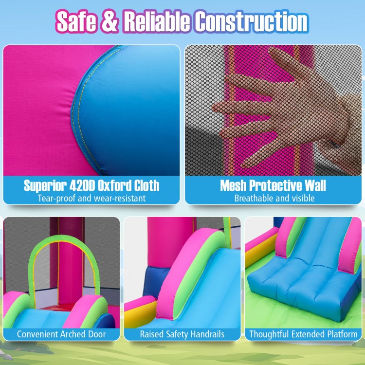 Inflatable bounce house with cute princess design, made of durable 420D oxford fabric, featuring a slide and safety net.