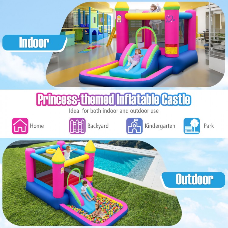 Princess-themed inflatable bounce house with slide and ball pit, perfect for indoor or outdoor fun for kids aged 3 to.