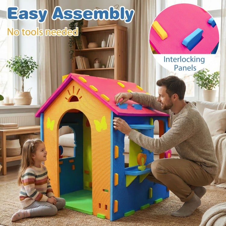 Colorful indoor cottage playset with roof and chimney, featuring interlocking panels for easy assembly and creative.
