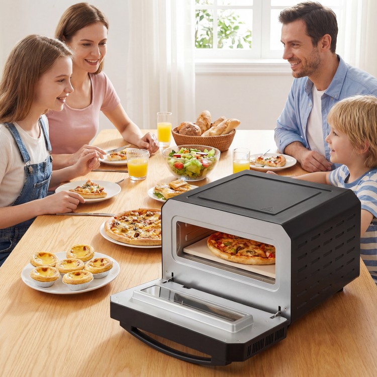 Indoor electric pizza oven in black, cooking a 12-inch pizza, perfect for family meals and quick pizza preparation.