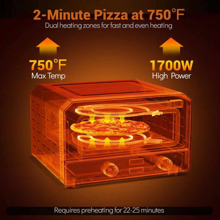 Indoor electric pizza oven with dual heating zones, 750°F max temp, and rapid cooking for 12-inch pizzas.