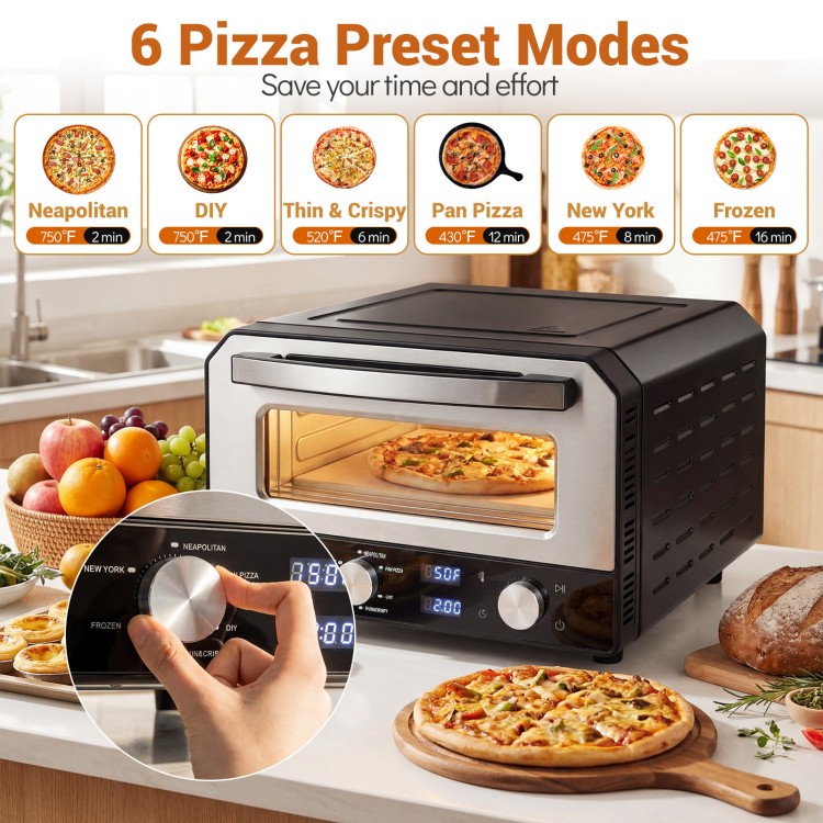 Indoor electric pizza oven with 6 preset modes, designed for 12-inch pizzas, featuring a tempered glass window and dual.