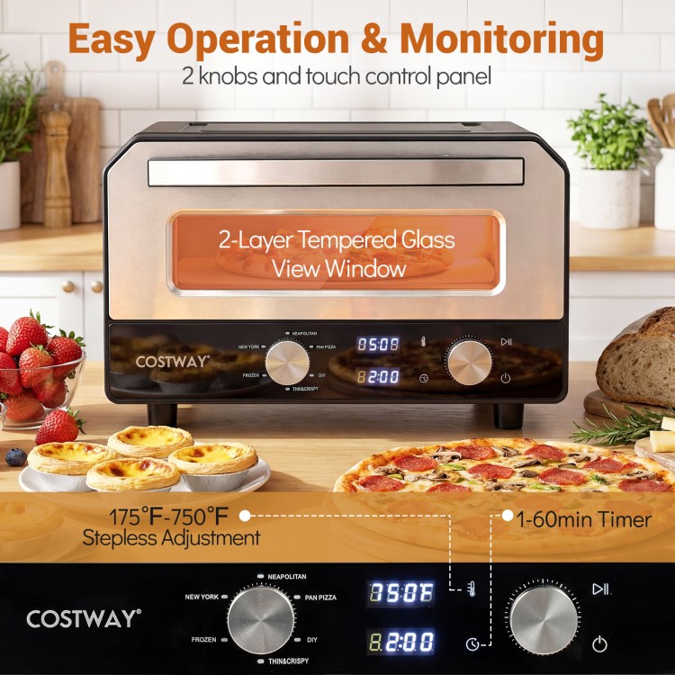 Indoor electric pizza oven with dual knobs, touch control panel, and tempered glass window for easy monitoring.