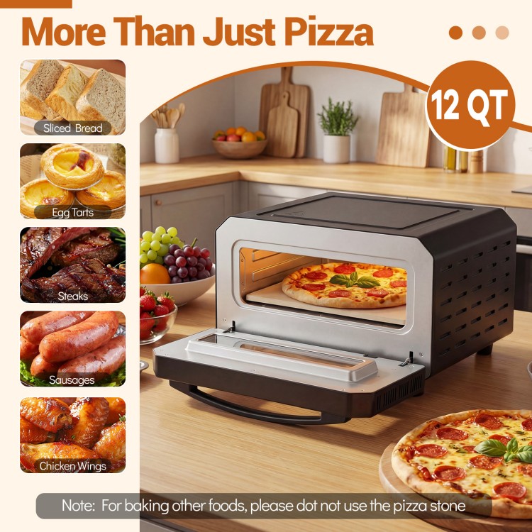 Indoor electric pizza oven with tempered glass window, 12 QT capacity, and rapid cooking for 12-inch pizzas.