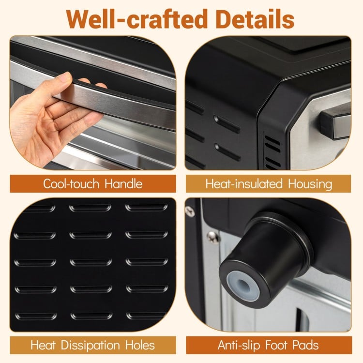 Close-up of the cool-touch handle and heat-insulated housing of the indoor electric pizza oven for safe operation.