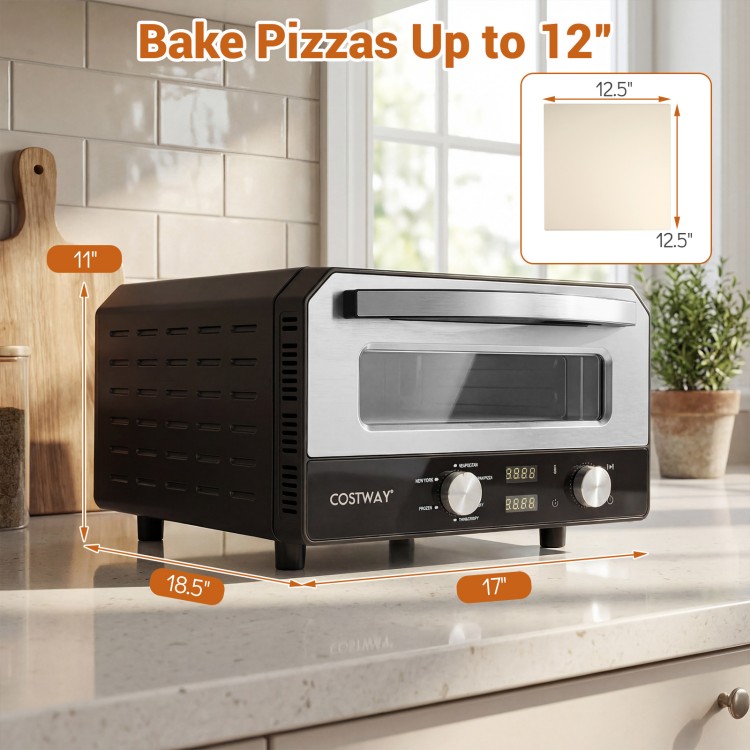Indoor electric pizza oven in black, designed for 12-inch pizzas, featuring dual knobs and a tempered glass window.