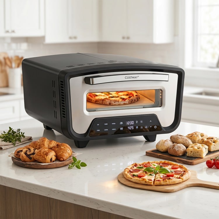 Indoor electric pizza oven with dual heating zones, 850℉ max temperature, and 8 presets for easy cooking of 12-inch pizzas.