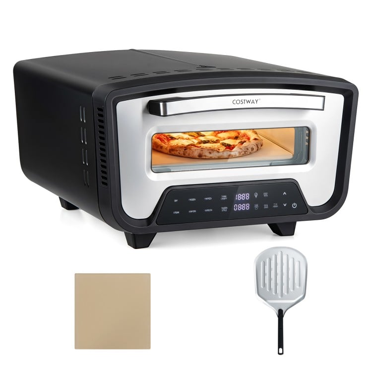 Indoor electric pizza oven showcasing a double-layer tempered glass window, designed for safe and efficient cooking.