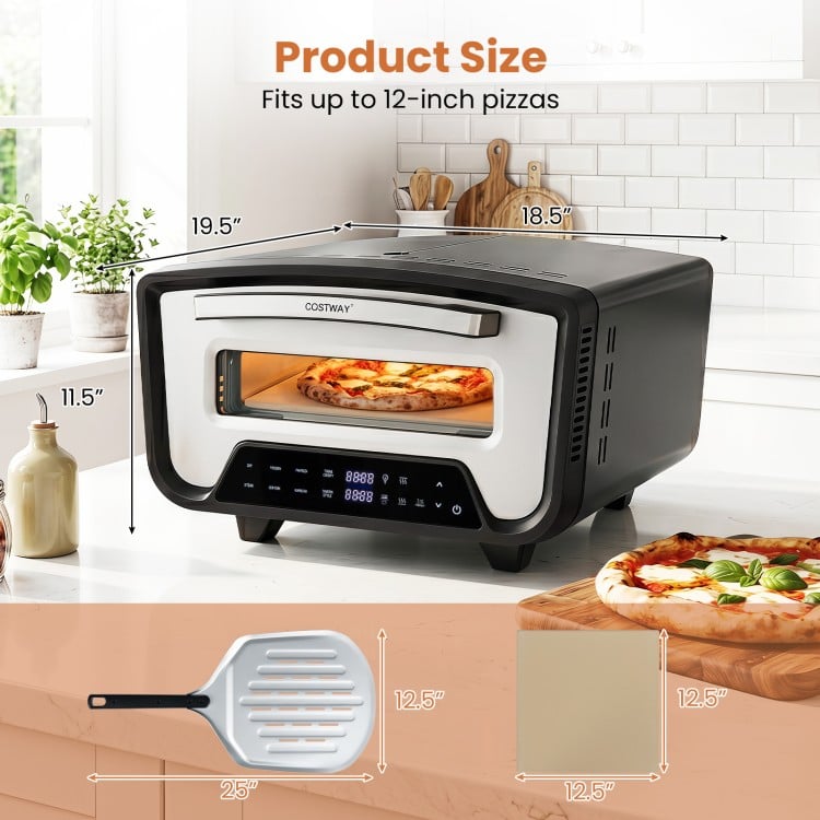 Indoor electric pizza oven displaying product dimensions, designed to cook 12-inch pizzas with 850℉ maximum temperature.