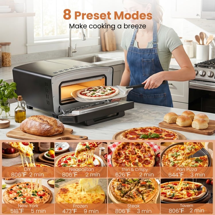 Indoor electric pizza oven with dual heating zones and 8 presets, perfect for cooking 12-inch pizzas in just 2 minutes.