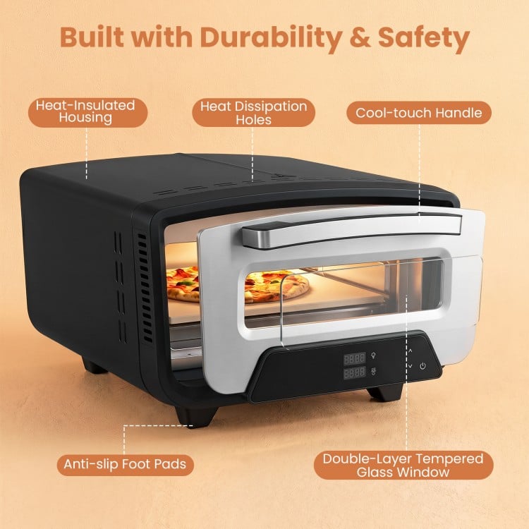 Indoor electric pizza oven with dual heating zones, 850℉ max temperature, and a cool-touch handle for safe cooking.