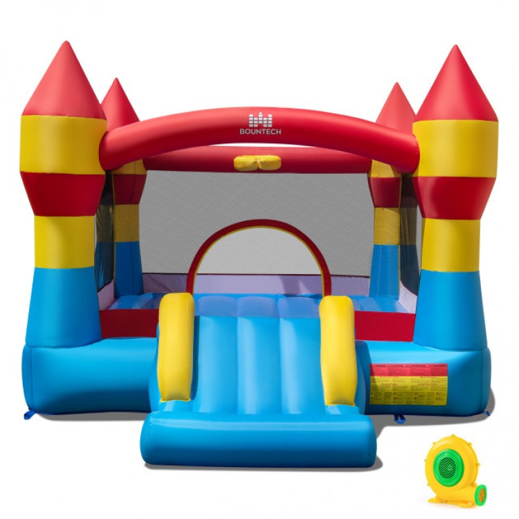 Brightly colored indoor outdoor blow-up bouncy castle with slide and basketball hoop, made from durable 420D oxford cloth.