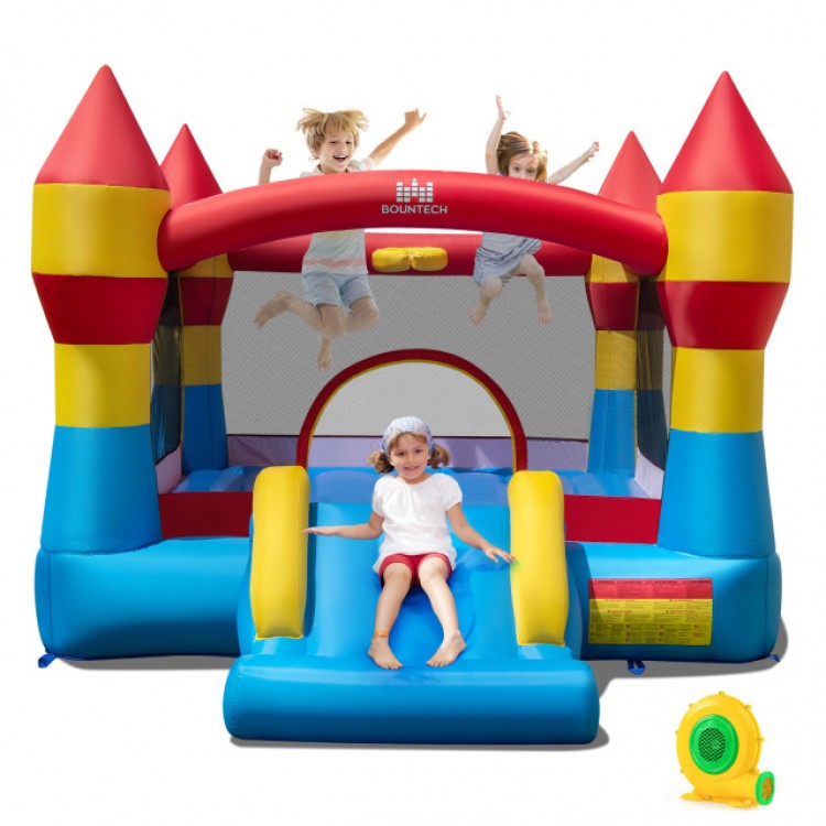 Colorful indoor outdoor bouncy castle features a slide and basketball hoop, perfect for kids' parties and backyard fun.