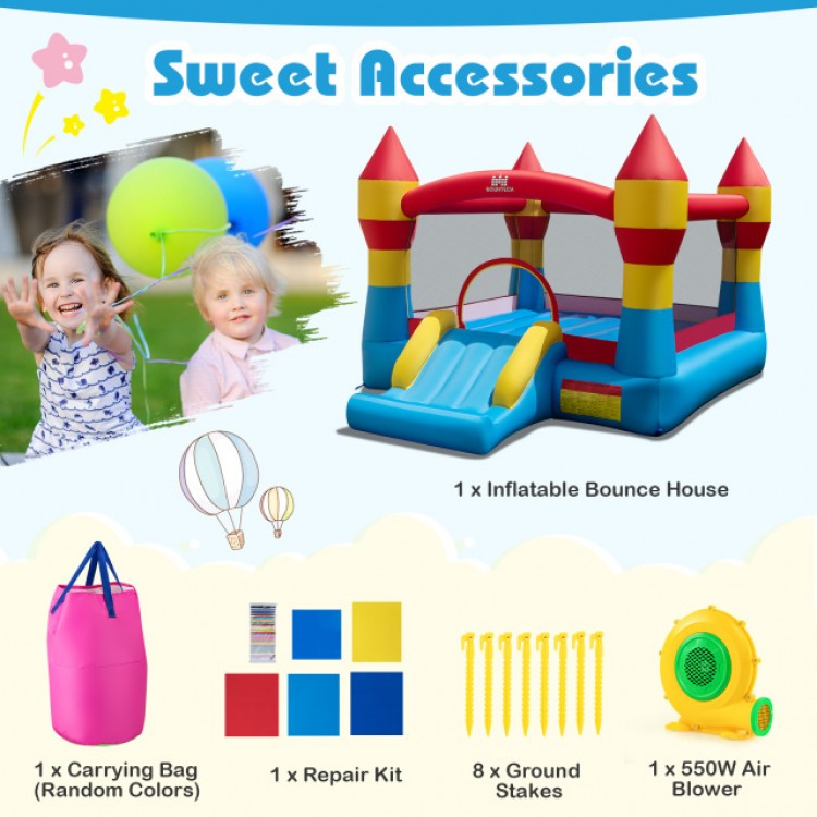 Indoor outdoor inflatable bounce house with smooth slide, basketball hoop, and 550W blower for endless fun.