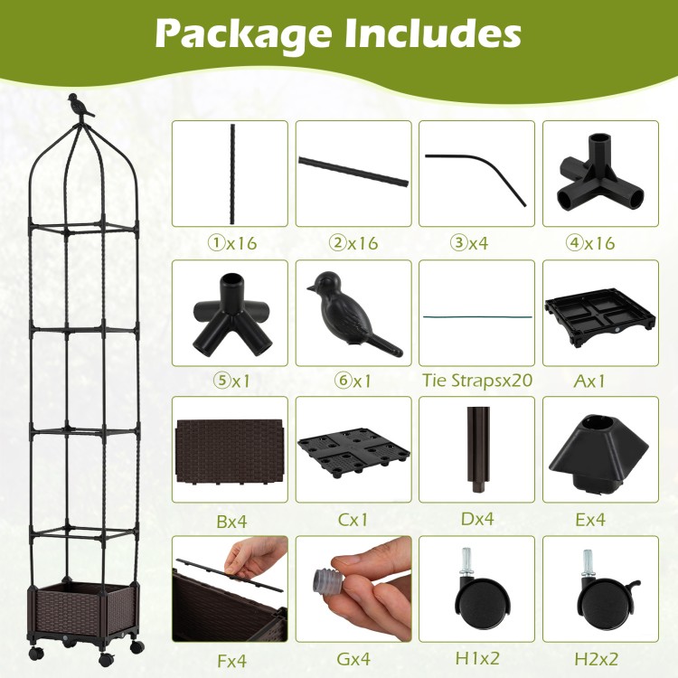 Indoor outdoor raised garden bed with trellis, black, featuring wheels for easy movement and self-drainage system.