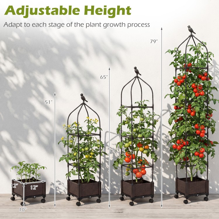 Indoor outdoor raised garden bed with trellis, adjustable height, and wheels for easy mobility, ideal for growing.