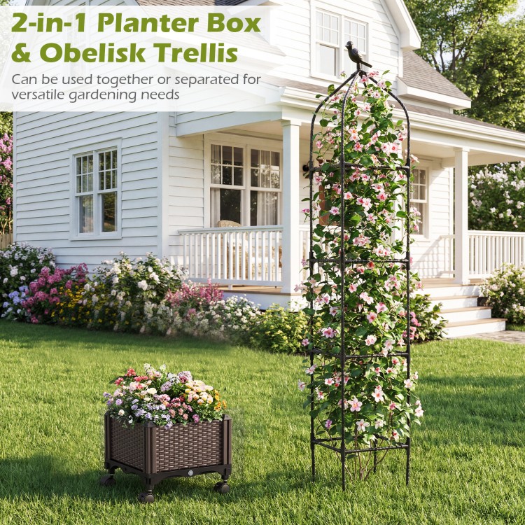 Raised garden bed with trellis in black, featuring wheels and self-drainage for versatile outdoor planting.
