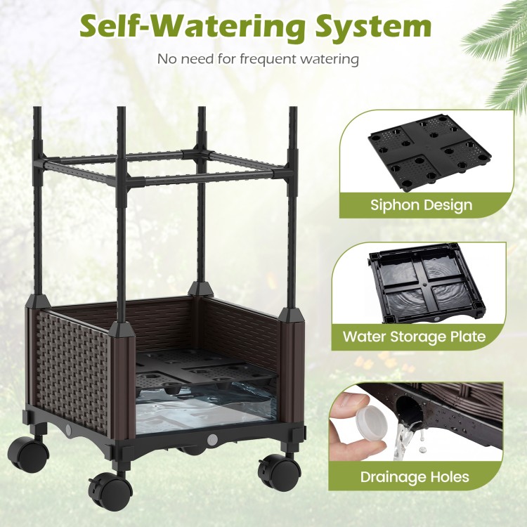Indoor outdoor raised garden bed with trellis, self-drainage, and wheels in black, perfect for tomatoes and cucumbers.