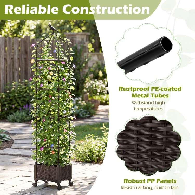 Indoor outdoor raised garden bed with trellis, black, featuring rust-proof metal tubes and wheels for easy movement.