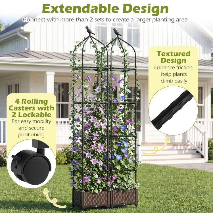 Indoor outdoor raised garden bed with trellis, featuring a textured design and 4 wheels for easy mobility and drainage.