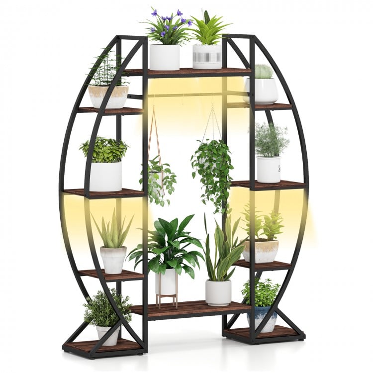 Curved 10-tier indoor plant stand with grow lights, ideal for displaying potted plants in living rooms or balconies.