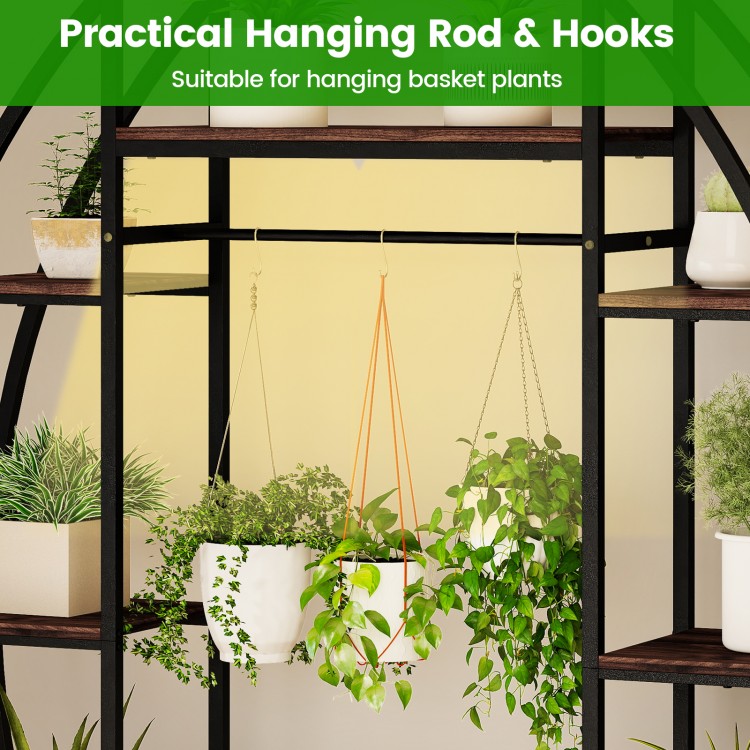 Hanging rod and hooks on the 63" tall indoor plant stand, perfect for displaying basket plants in any corner.