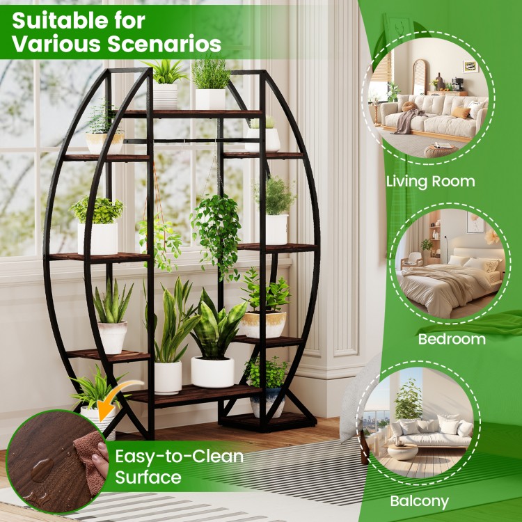 63" tall brown metal plant stand with 10 tiers, ideal for displaying potted plants in living rooms, bedrooms, or.