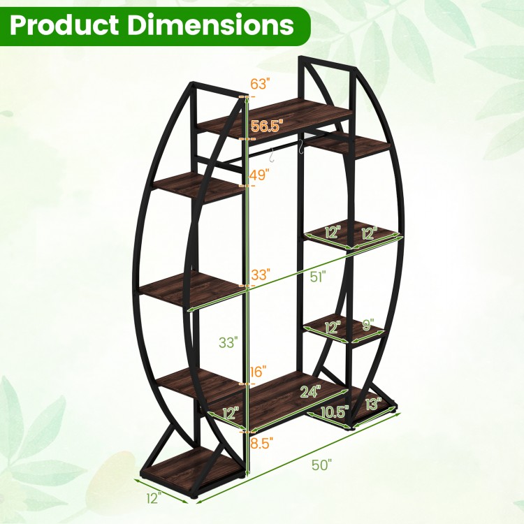 63" tall indoor plant stand with 10 tiers, brown shelves, and metal frame, perfect for displaying potted plants.