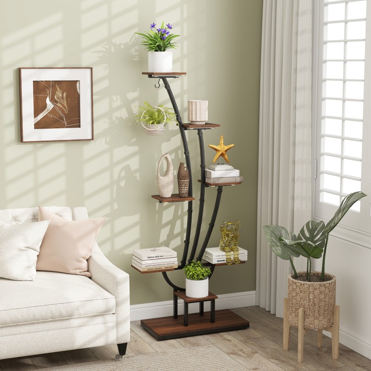 Tall 8-tier indoor plant stand with grow lights, showcasing potted plants and decorative items in a stylish corner.