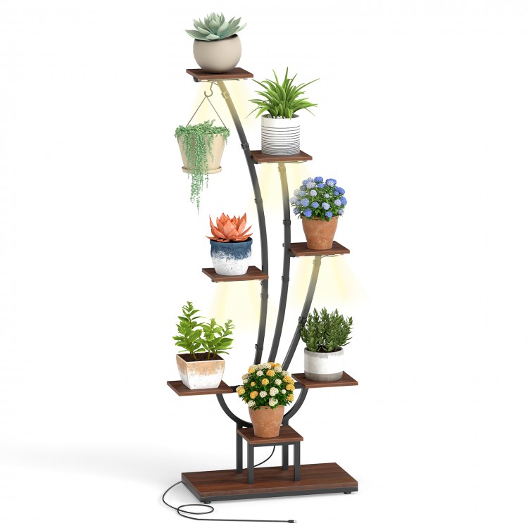 Tall 8-tier indoor plant stand with grow lights, featuring adjustable levels for optimal plant growth and stability.