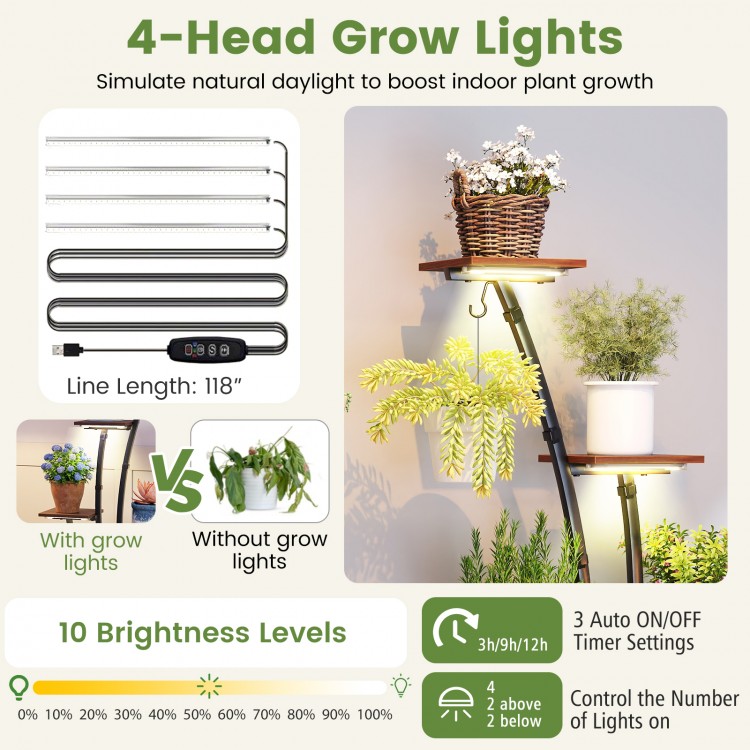 Indoor plant stand with 4-head grow lights, 8 tiers, and adjustable brightness for optimal plant growth in any room.